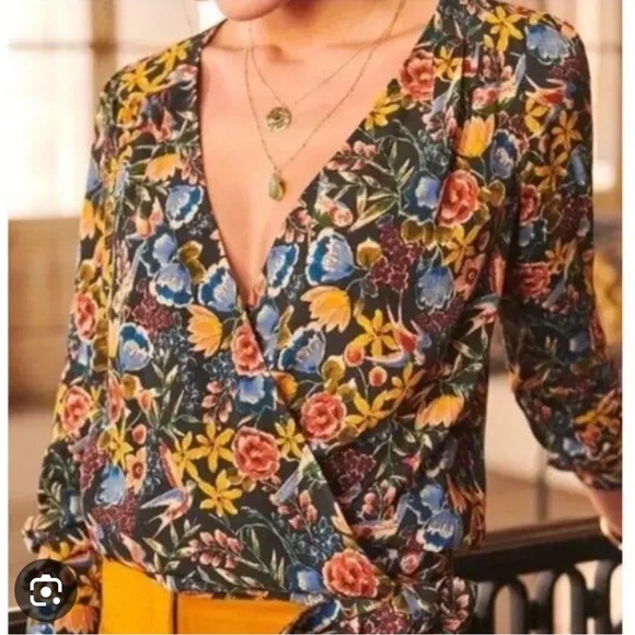 Sezane Tops - Floral Wrap V-Neck Top in Black